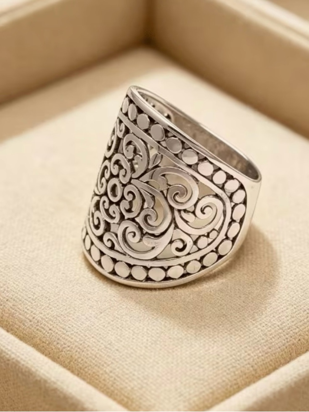 Boho style Filigree Wide Band Ring - Silver plated over copper NWOT size 7
